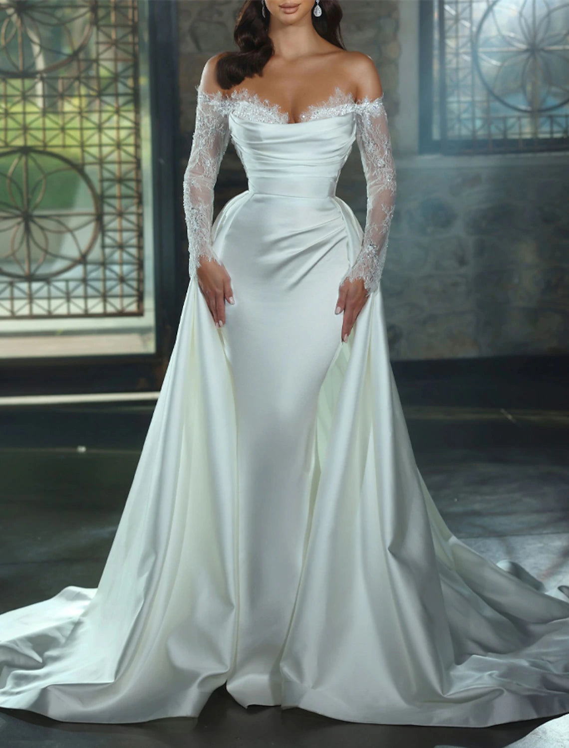 Buyishang Engagement Formal Wedding Dresses Sheath Off Shoulder Long Sleeve Chapel Train Satin Bridal Gowns With Appliques Solid Color